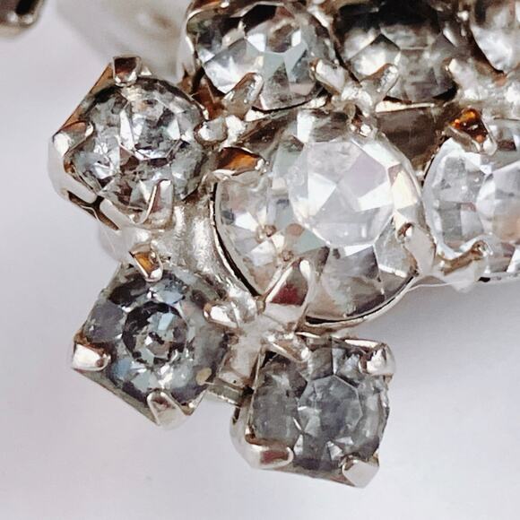 VTG Mid Century Crescent Rhinestone Clip On Earrings Silver Tone 1950s - Picture 6 of 10